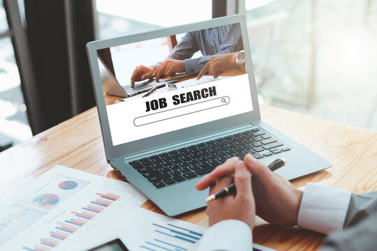 job search concept, find your career, Man looking at online website by laptop computer.People searching for vacancies or position on the internet, recruiting, finding jobs.Unemployed and poor economy