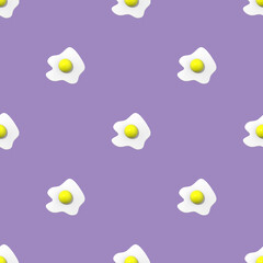 Fototapeta na wymiar Seamless pattern. Image of chicken egg on pastel purple backgrounds. Egg with round yolk. Surface overlay pattern. 3D image. 3D rendering.
