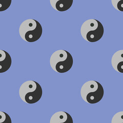 Seamless pattern. Image of Yin Yang symbol on pastel blue backgrounds. Symbol of opposite. Surface overlay pattern. 3D image. 3D rendering.
