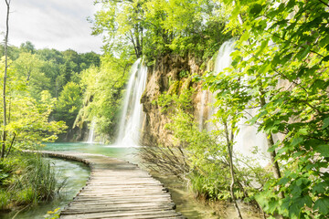 Naklejka premium boardwalk through waterfalls in a lake