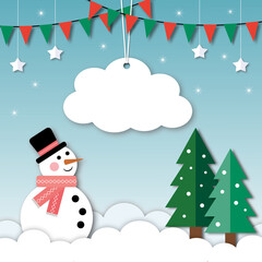 Snowman with tree, cloud, stars and colourful flags on sky background. Merry Christmas and Happy New Year concept. festive winter holiday, web, poster, card, ad. copy space. paper art design style.