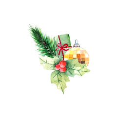 Christmas composition with a Christmas tree toy, gift, holly and red berries on a white background. A festive bouquet for the decoration of postcards and invitations.