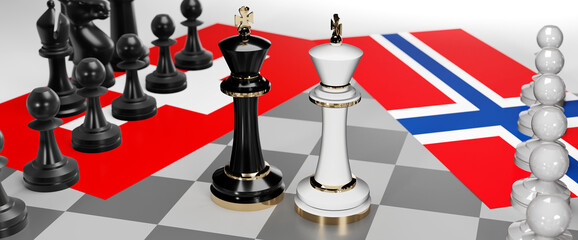 Switzerland and Norway - talks, debate, dialog or a confrontation between those two countries shown as two chess kings with flags that symbolize art of meetings and negotiations, 3d illustration