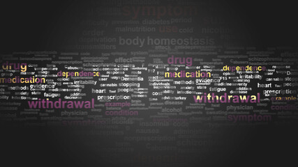 Drug withdrawal - essential terms related to Drug withdrawal arranged by importance in a 4-color word cloud poster. Reveal primary and peripheral concepts related to Drug withdrawal, 3d illustration