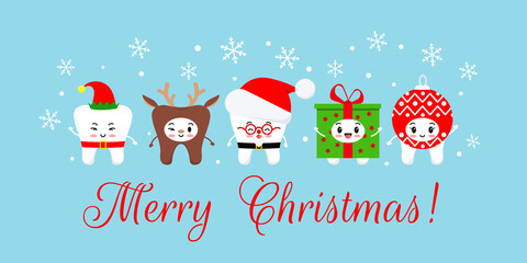 Christmas teeth in xmas carnival costume on dentist greeting card. Cute white winter teeth emoji santa claus, deer, elf, gift and ornament. Flat design cartoon christmas banner vector illustration.