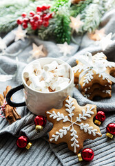 Christmas decorations, cocoa and gingerbread cookies.