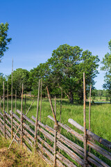 Fototapeta premium View of lush meadow and trees behind an old wooden fence in Åland Islands, Finland, on a sunny day in the summer.