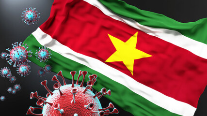 Suriname and the covid pandemic - corona virus attacking national flag of Suriname to symbolize the fight, struggle and the virus presence in this country, 3d illustration