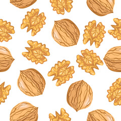 Seamless walnut pattern on a white background.A whole nut and a kernel.Vector pattern can be used in textiles,packaging, wallpaper,banners.