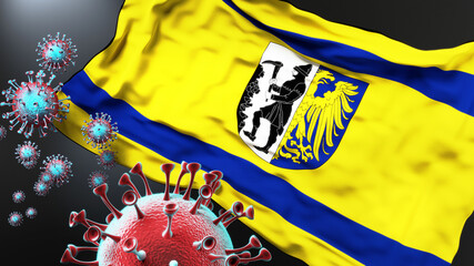 Bytom and covid pandemic - virus attacking a city flag of Bytom as a symbol of a fight and struggle with the virus pandemic in this city, 3d illustration
