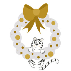 Fototapeta premium Christmas wreath with tiger. Cute Christmas vector illustration. In minimalist style. Ideal for printing, design, postcards, posters, invitations.