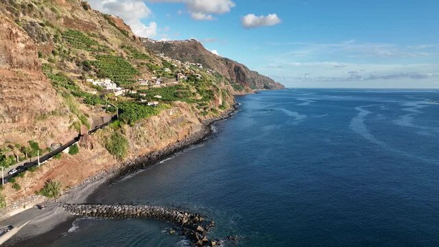 Coastline of Madeira Portugal beautifull sunny island the atlantic ocean aerial drone view. Aerial drone view.