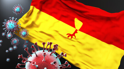 Bredevoort and covid pandemic - virus attacking a city flag of Bredevoort as a symbol of a fight and struggle with the virus pandemic in this city, 3d illustration