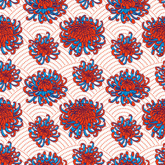 Seigaiha seamless wavy pattern in polka dot style. Red and blue Japanese chrysanthemum set of isolated flowers. Vector illustration.