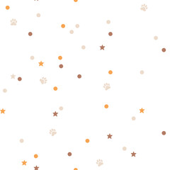 Seamless pattern of color dots, star, footprints on white background.