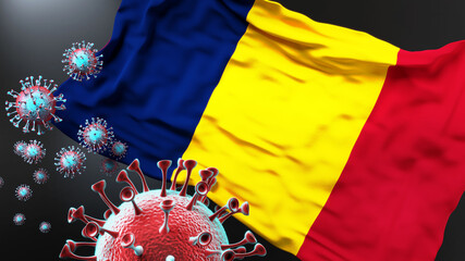 Chad and the covid pandemic - corona virus attacking national flag of Chad to symbolize the fight, struggle and the virus presence in this country, 3d illustration