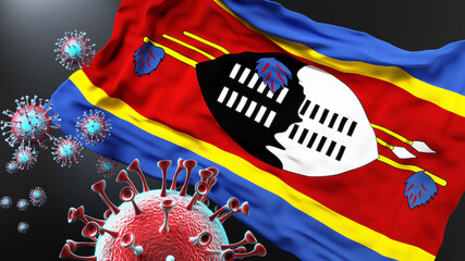 Eswatini and the covid pandemic - corona virus attacking national flag of Eswatini to symbolize the fight, struggle and the virus presence in this country, 3d illustration
