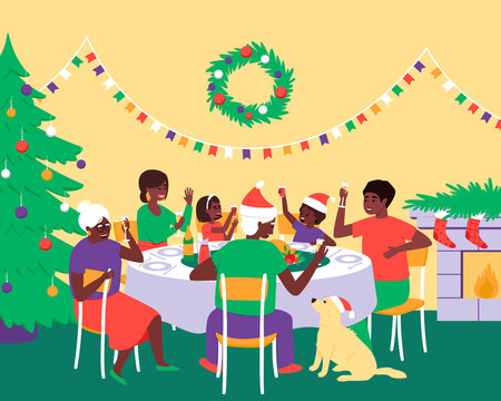 African American Family With Dog Celebrates Thanksgiving Day At The Holiday Table. An Ornate Spruce And A Fireplace And A Christmas Wreath Decorate The Room. Flat Vector Illustration.