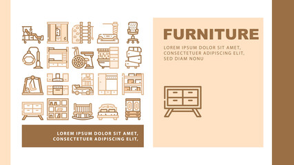Furniture House Room Interior Landing Web Page Header Banner Template Vector. Vintage And Modern Furniture, For Sport Exercising And Relaxation, Bedroom Bed And Office Chair, Warehouse Illustration