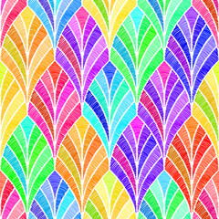 Fototapeta na wymiar Embroidered wavy pattern. Bright patchwork seigaiha print. Ornament for home decor, carpets, pillows, packaging. Vector illustration.