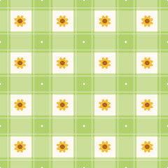 Cute Minimal Sunflower Green Checkered Gingham Pattern Editable Stroke. Cartoon Illustration, Mat, Fabric, Textile, Scarf, Wrapping Paper. 