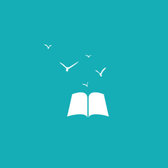 Open book with birds flying out. Isolated on blue background.