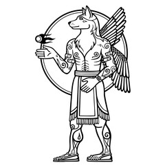 Fantastic image of a winged dog, mythological character, zodiac symbol of new year. Black and white drawing based on motives of Sumerian art, isolated on a white background. Vector illustration.