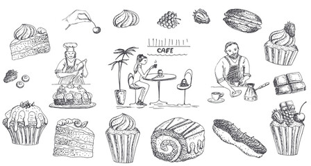 Cakes, muffins, sweets. Vector illustration of sweet pastries, sketch.
