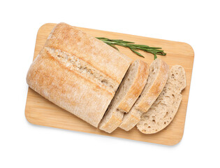 Delicious ciabatta with rosemary isolated on white, top view