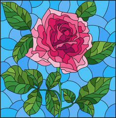 Illustration in stained glass style with a bright pink roses flowers on a blue background, rectangular image