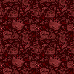 Seamless pattern on the theme of new year and Christmas with contour cats and toys on a red background