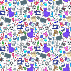 Seamless pattern on a variety of products and shopping, simple purchase icons, color icons on a white background