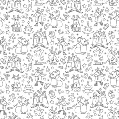 Fototapeta na wymiar Seamless pattern for the new year and Christmas, funny dark contour cartoon moose for winter entertainment, outline animals on a white background
