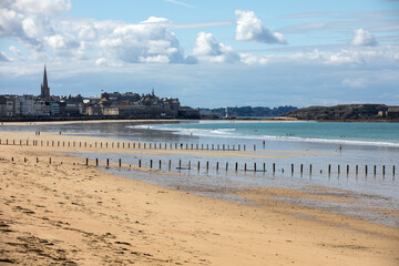 View of beach and old town of Saint-Malo. Brittany, France