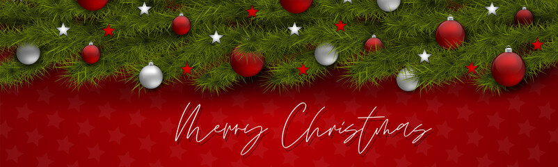 Merry Christmas website header or banner for decoration, promotion, sale. Winter holiday season design concept with fir tree branches and glass ball toys. Realistic vector illustration.