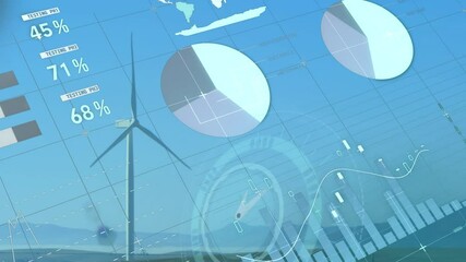 Animation of statistics and data processing over wind turbine - Powered by Adobe