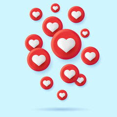 Social media likes in shape of red circles with hearts inside forming cloud flying to the top, 3d render ilustration
