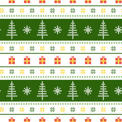 Seamless background of Christmas trees, gifts and red snowflakes cross pattern