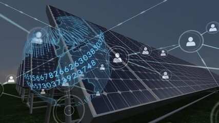 Animation of globe with numbers and network and people icons over solar panels - Powered by Adobe