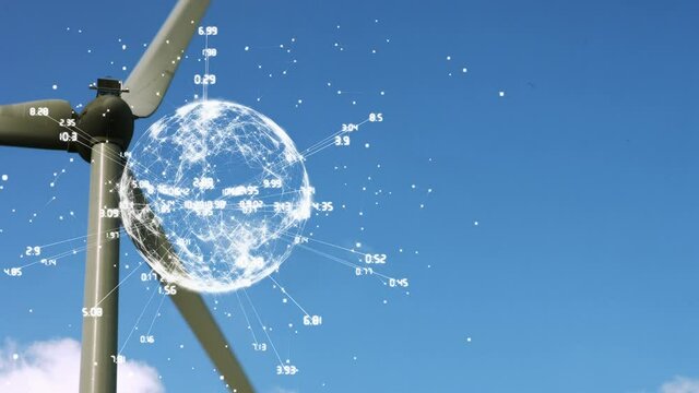 Animation of globe with numbers over wind turbine in countryside