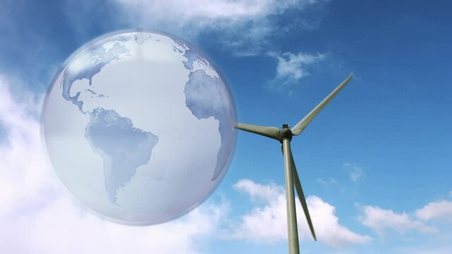 Animation of globe over wind turbine in countryside