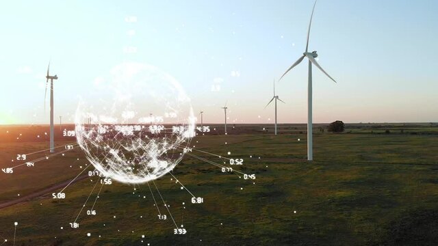Animation of globe with numbers over wind turbines in countryside