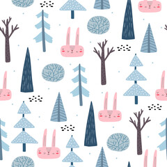 Forest seamless pattern. Scandinavian style. Forest consisting of different trees. Background for kids fabric, textile, nursery wallpaper. Seamless landscape.