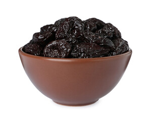 Bowl with sweet dried prunes isolated on white