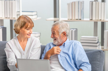 Happy senior couple in living room, Elderly woman and a man relaxing on cozy sofa at home, Happy family concepts