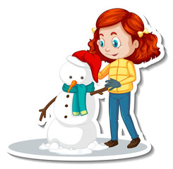 A girl building a snowman cartoon character sticker