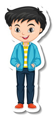 Asian boy wearing jacket cartoon character sticker