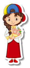 A girl holding flower bouquet cartoon character