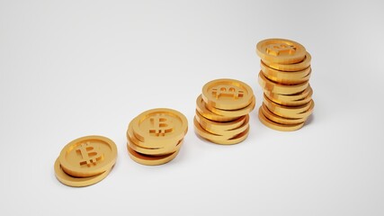 3d rendering pile of gold bitcoins showing statistical improvement on white background