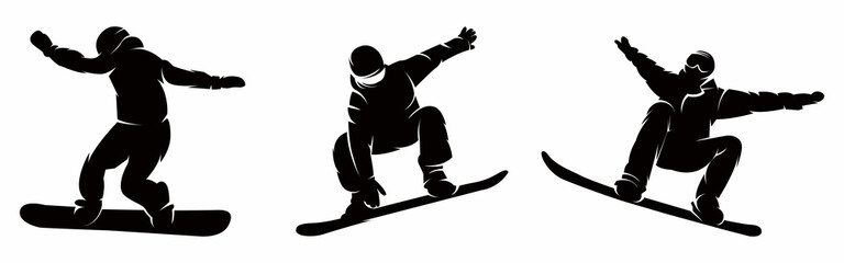 Vector set silhouettes of detail of snowboarding. Silhouettes of snowboarder isolated	